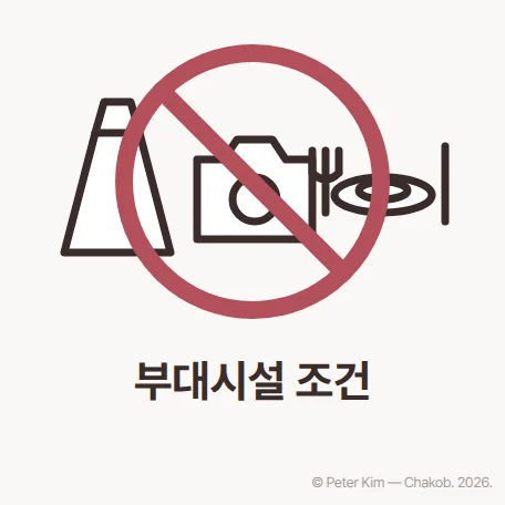 드레스, 카메라, 식기 아이콘 위에 금지 표시가 겹쳐 있고 아래에 '부대시설 조건' 글자가 놓인 그림