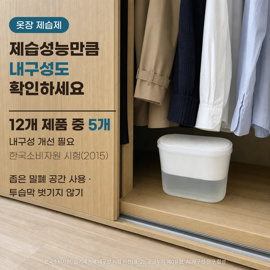 옷걸이에 걸린 코트와 셔츠 아래, 옷장 바닥에 내용액이 고인 반투명 통형 습기제거제가 놓여 있고, 왼쪽 옷장 문 위에 '옷장 제습제', '제습성능만큼 내구성도 확인하세요', '12개 제품 중 5개 내구성 개선 필요, 한국소비자원 시험(2015)', '좁은 밀폐 공간 사용 · 투습막 벗기지 않기' 문구가 있는 커버