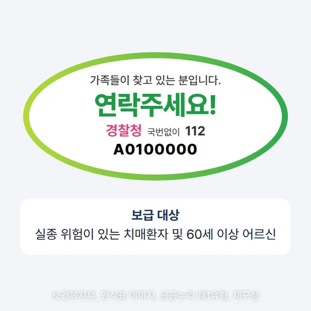 배회 가능 어르신 인식표 예시. 초록 테두리의 타원형 표식에 '가족들이 찾고 있는 분입니다.', '연락주세요!', '경찰청 국번없이 112'와 고유번호 'A0100000'이 표시되어 있습니다. 아래 상자에는 보급 대상인 실종 위험이 있는 치매환자 및 60세 이상 어르신이 있습니다