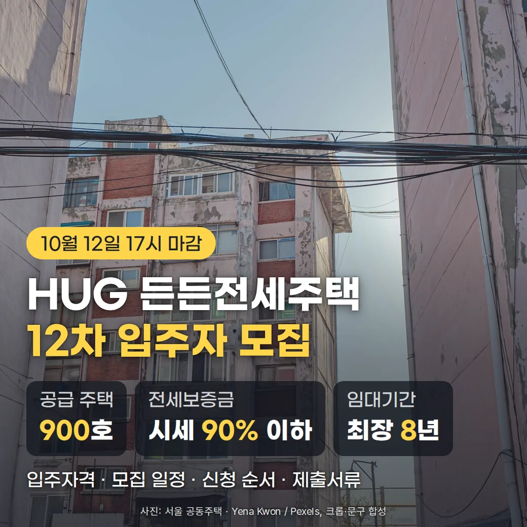 서울 공동주택 여러 동의 창문과 발코니가 보이는 실사진 위에 '10월 12일 17시 마감' 배지, 'HUG 든든전세주택 12차 입주자 모집' 제목, 공급 주택 900호·전세보증금 시세 90% 이하·임대기간 최장 8년을 담은 카드 세 장, '입주자격 · 모집 일정 · 신청 순서 · 제출서류' 문구가 놓인 커버