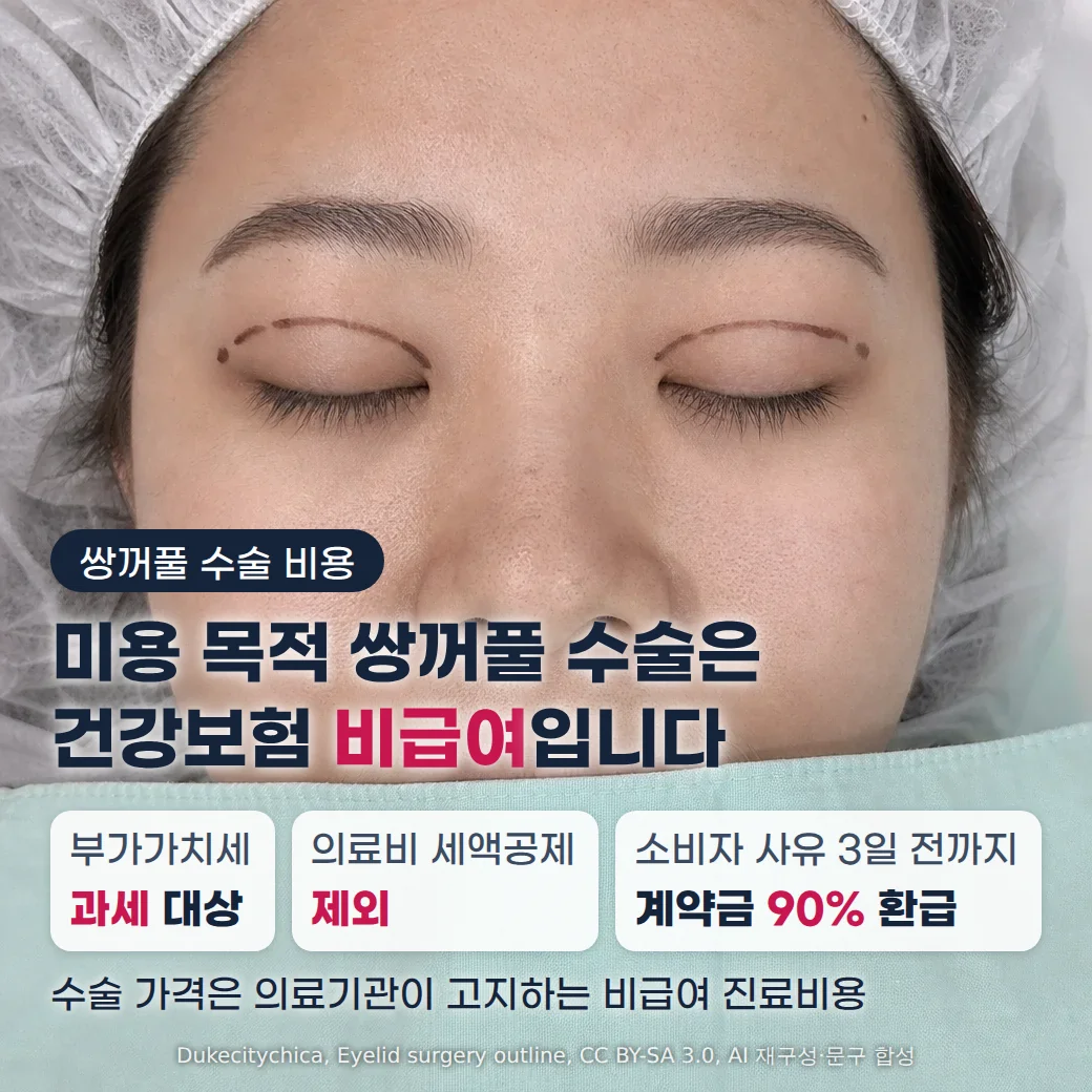 시술용 캡을 쓰고 눈을 감은 채 누운 여성의 양쪽 윗눈꺼풀에 쌍꺼풀 수술 디자인 선이 그려져 있고, 그 아래에 '미용 목적 쌍꺼풀 수술은 건강보험 비급여입니다'라는 제목과 부가가치세 과세 대상, 의료비 세액공제 제외, 소비자 사유로 수술 3일 전까지 해제 시 계약금 90% 환급 카드, 수술 가격은 의료기관이 고지하는 비급여 진료비용이라는 문구가 놓인 커버