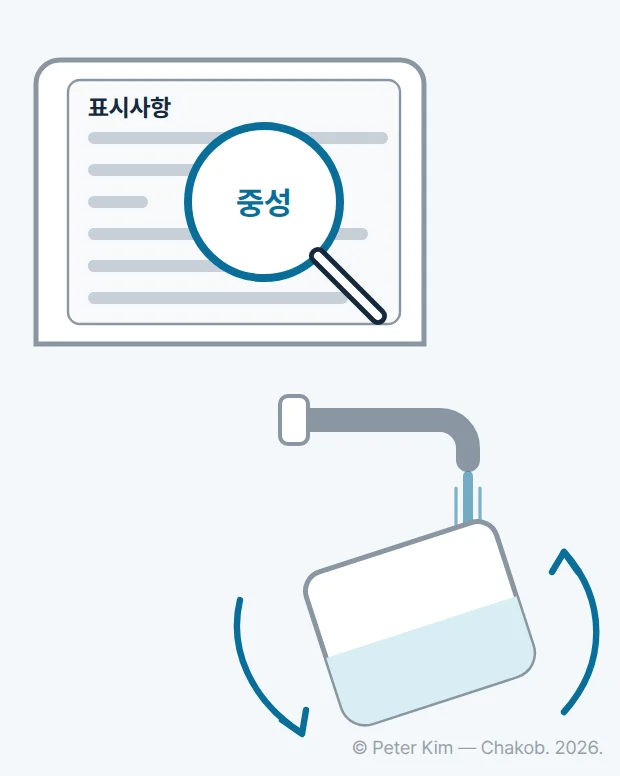 세제 용기 뒷면의 표시사항에서 돋보기로 '중성' 표기를 확인하는 그림과, 가습기 물통을 수도꼭지 아래 흐르는 물에 헹구는 그림입니다.