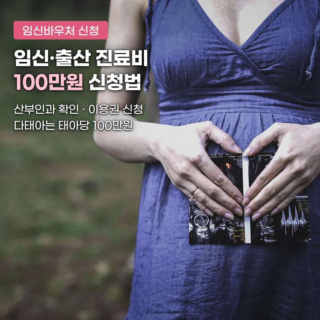 파란 원피스를 입은 임신부가 배 앞에 초음파 사진을 대고 두 손으로 하트 모양을 만든 모습. 왼쪽 위에 '임신바우처 신청' 배지와 '임신·출산 진료비 100만원 신청법'이라는 제목, '산부인과 확인 · 이용권 신청, 다태아는 태아당 100만원' 문구가 있습니다