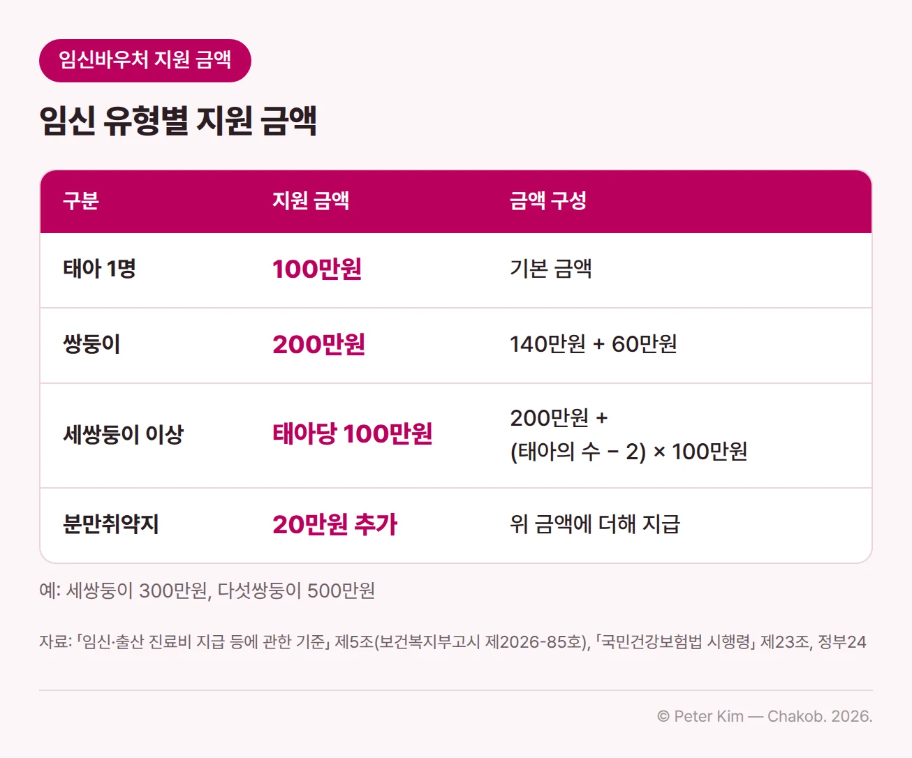 임신 유형별 임신바우처 지원 금액을 정리한 표입니다. 태아 1명은 100만원으로 기본 금액입니다. 쌍둥이는 140만원에 60만원을 더한 200만원입니다. 세쌍둥이 이상은 태아당 100만원으로, 200만원에 태아의 수에서 2를 뺀 수만큼 100만원씩 더합니다. 분만취약지는 위 금액에 20만원을 더해 지급합니다. 표 아래에는 세쌍둥이 300만원, 다섯쌍둥이 500만원이라는 예시가 있습니다.