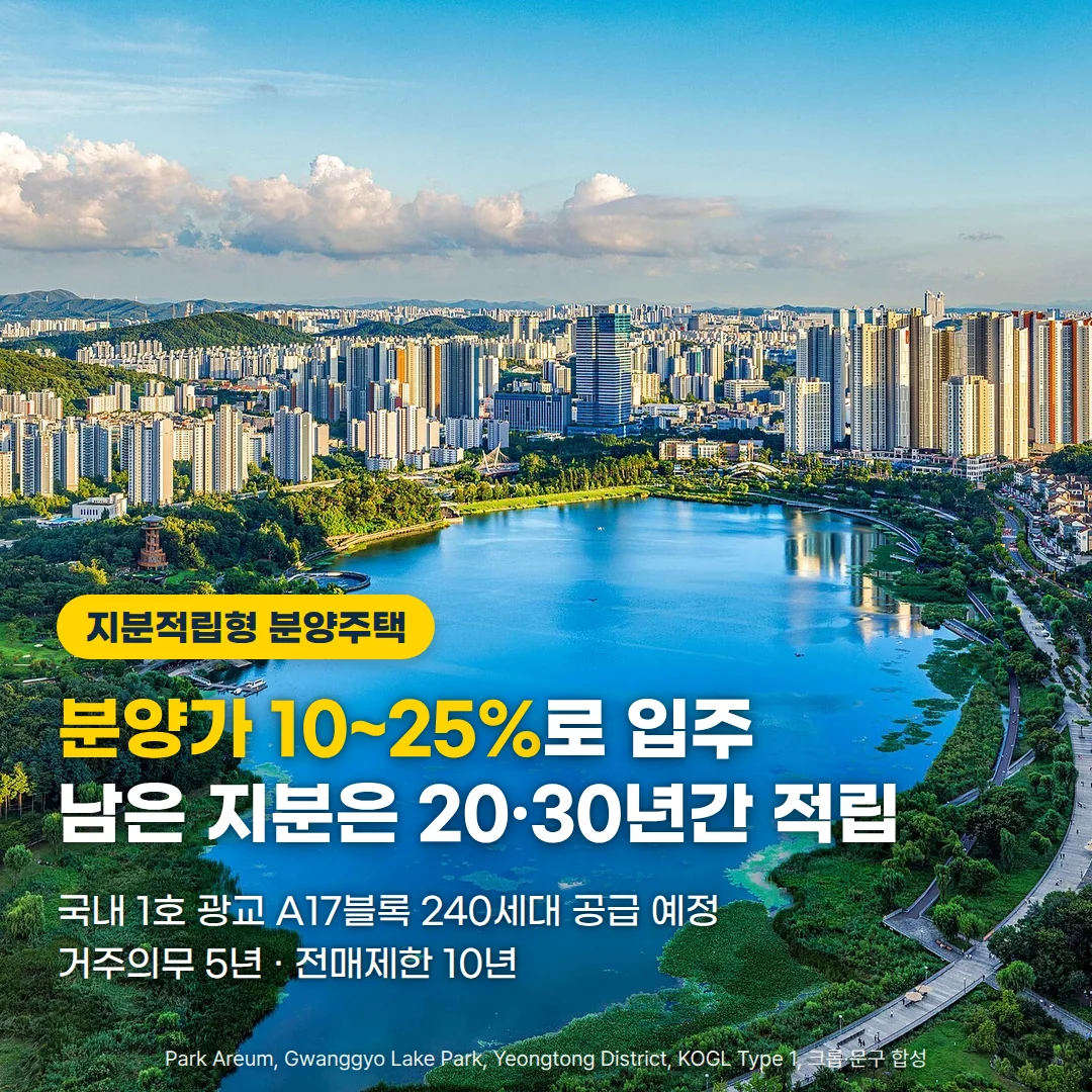 광교호수공원 위로 광교신도시 아파트 단지가 늘어선 항공 사진 위에 '지분적립형 분양주택' 배지와 '분양가 10~25%로 입주, 남은 지분은 20·30년간 적립' 제목, '국내 1호 광교 A17블록 240세대 공급 예정, 거주의무 5년 · 전매제한 10년' 문구를 넣은 커버