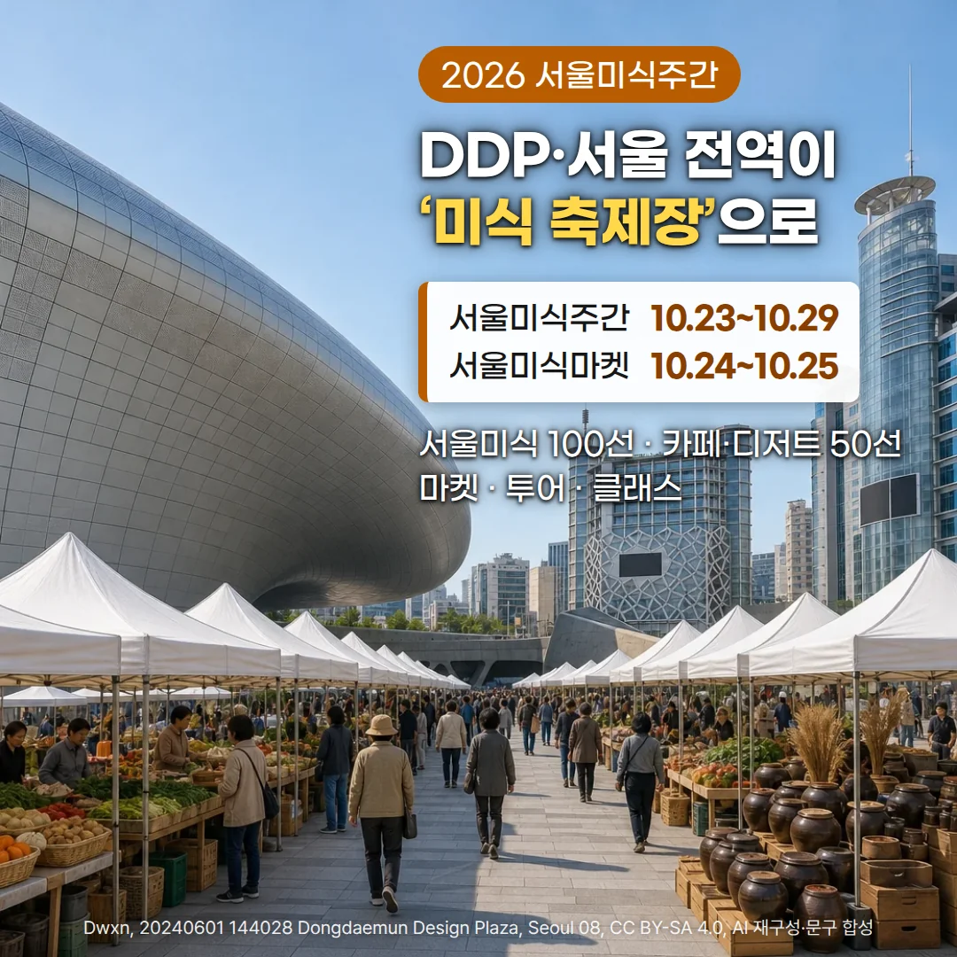동대문디자인플라자 은색 곡면 외벽 앞 광장에 흰 천막 장터가 줄지어 늘어서고 제철 채소와 옹기 장독, 방문객이 오가는 사진 위에 '2026 서울미식주간' 배지, 'DDP·서울 전역이 ‘미식 축제장’으로' 제목, 서울미식주간 10.23~10.29와 서울미식마켓 10.24~10.25 일정 카드, '서울미식 100선 · 카페·디저트 50선, 마켓 · 투어 · 클래스' 부제가 있는 커버 이미지