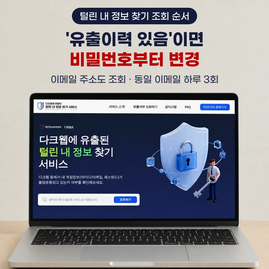 책상 위 노트북에 털린 내 정보 찾기 서비스 누리집 첫 화면이 보이고, 위쪽에 털린 내 정보 찾기 조회 순서, 유출이력 있음이면 비밀번호부터 변경, 이메일 주소도 조회, 동일 이메일 하루 3회 문구가 있는 커버