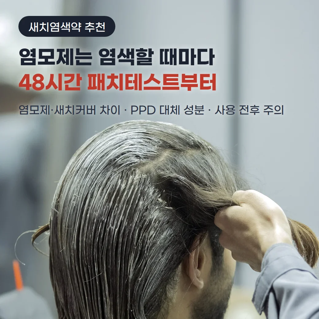 이용실에서 염모액을 바른 긴 머리를 손으로 잡아 빗어 넘기는 뒷모습 위에 '새치염색약 추천', '염모제는 염색할 때마다 48시간 패치테스트부터', '염모제·새치커버 차이 · PPD 대체 성분 · 사용 전후 주의'라는 문구가 놓인 커버