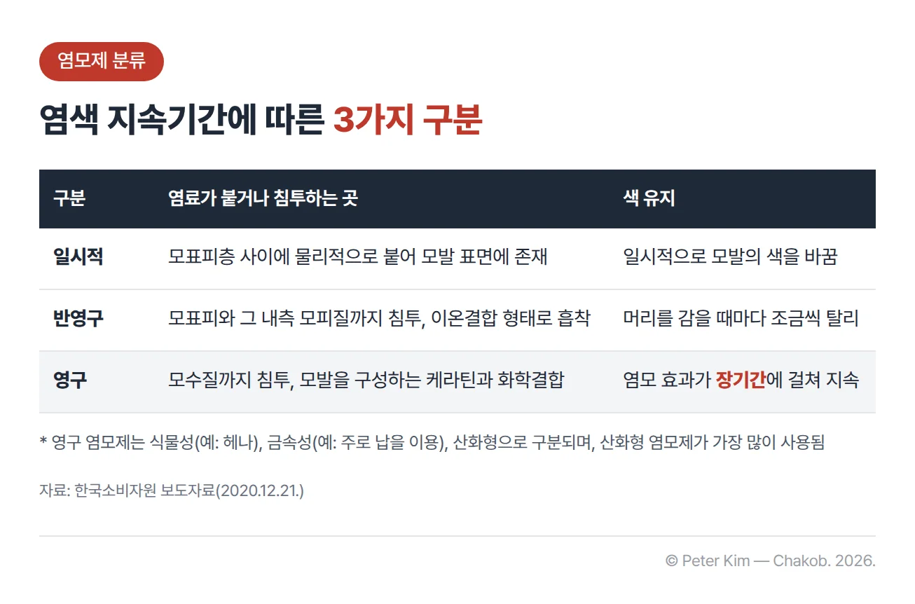 염색 지속기간에 따른 염모제 구분 표입니다. 일시적 염모제는 염료가 모표피층 사이에 물리적으로 붙어 모발 표면에 존재하면서 일시적으로 모발의 색을 바꿉니다. 반영구 염모제는 염료가 모표피와 그 내측 모피질까지 침투하여 이온결합 형태로 흡착되고, 머리를 감을 때마다 조금씩 탈리됩니다. 영구 염모제는 염료 등이 모수질에까지 침투하여 케라틴과 화학결합하고, 염모 효과가 장기간에 걸쳐 지속됩니다. 영구 염모제는 식물성(예: 헤나), 금속성(예: 주로 납을 이용), 산화형으로 구분되며 산화형 염모제가 가장 많이 사용됩니다.