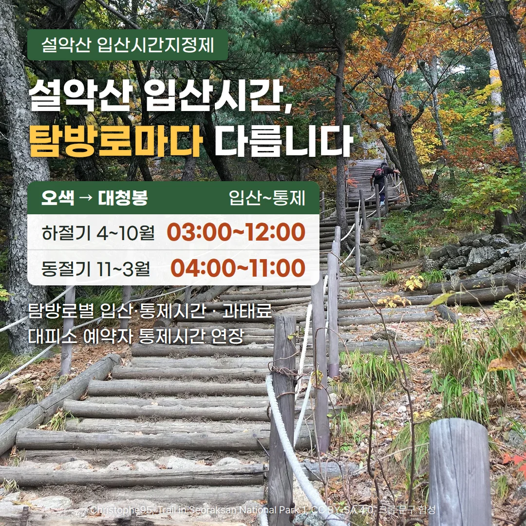 단풍이 든 설악산 숲속 통나무 계단 탐방로를 등산객 한 명이 오르는 사진 위에 '설악산 입산시간지정제' 배지, '설악산 입산시간, 탐방로마다 다릅니다' 제목, '오색 → 대청봉 입산~통제: 하절기 4~10월 03:00~12:00, 동절기 11~3월 04:00~11:00' 표, '탐방로별 입산·통제시간 · 과태료', '대피소 예약자 통제시간 연장' 문구가 있는 커버