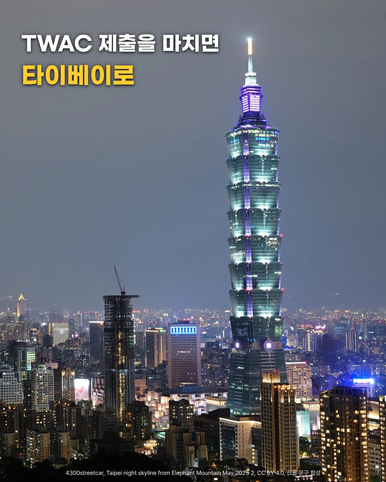 샹산에서 내려다본 타이베이 야경 사진. 오른쪽에 조명이 켜진 타이베이 101이 서 있고 아래로 도심 불빛이 펼쳐진 사진 위에 'TWAC 제출을 마치면 타이베이로' 문구가 놓인 이미지