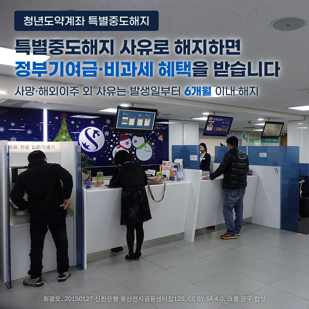 은행 영업점 상담창구에서 고객이 직원과 상담하는 실제 사진 위에, '청년도약계좌 특별중도해지' 배지와 '특별중도해지 사유로 해지하면 정부기여금·비과세 혜택을 받습니다' 헤드라인, '사망·해외이주 외 사유는 발생일부터 6개월 이내 해지' 문구가 있습니다