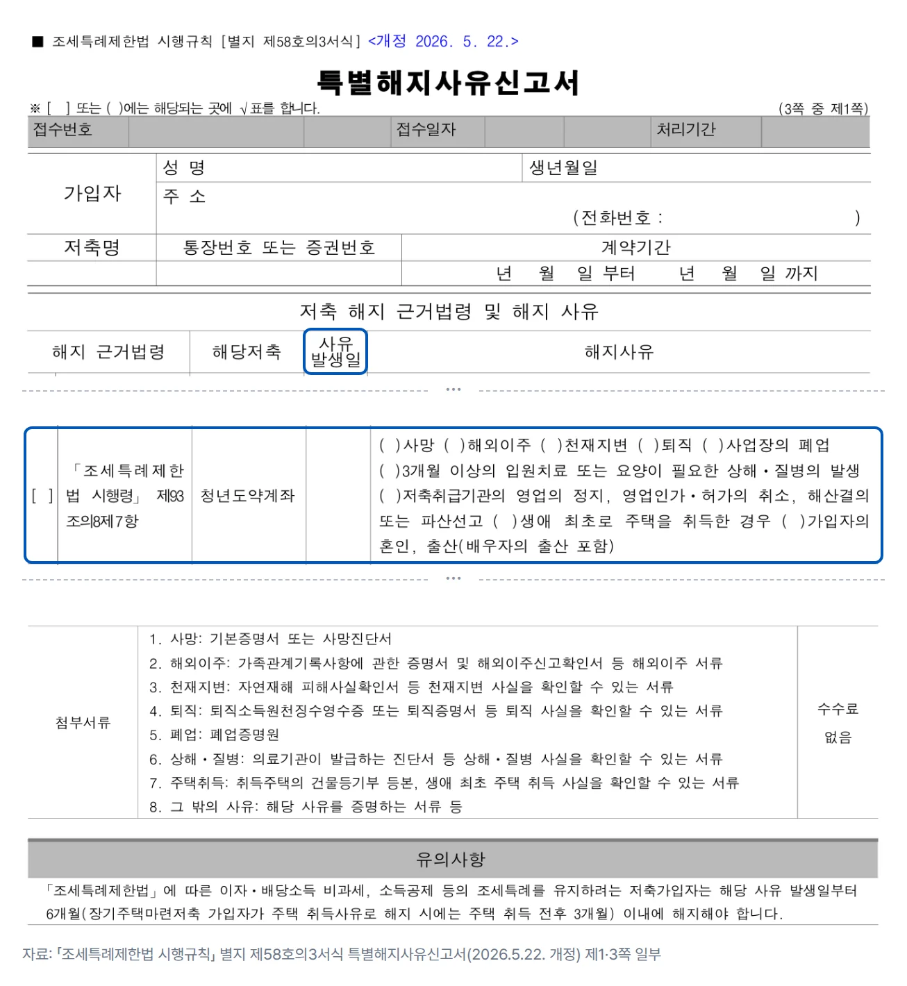 「조세특례제한법 시행규칙」 별지 제58호의3서식 특별해지사유신고서의 일부입니다. 첫 조각은 서식명과 가입자 성명·생년월일·주소, 저축명·통장번호·계약기간 칸, 해지 근거법령·해당저축·사유 발생일·해지사유 머리행입니다. 둘째 조각은 「조세특례제한법 시행령」 제93조의8제7항 청년도약계좌 행으로, 사망·해외이주·천재지변·퇴직·사업장의 폐업·3개월 이상의 입원치료 또는 요양이 필요한 상해·질병의 발생·저축취급기관의 영업의 정지 등·생애 최초로 주택을 취득한 경우·가입자의 혼인, 출산(배우자의 출산 포함) 체크 항목이 있습니다. 셋째 조각은 사유별 첨부서류 1~8, 수수료 없음, 해당 사유 발생일부터 6개월 이내에 해지해야 한다는 유의사항입니다.