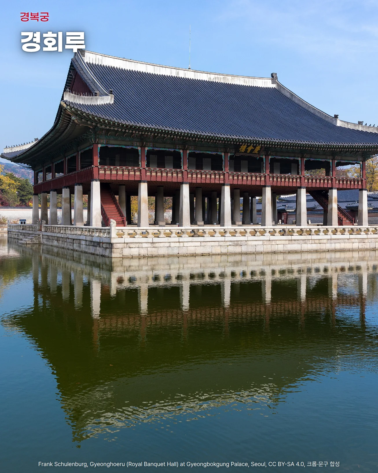 단풍이 든 나무와 인왕산을 배경으로 연못 위에 선 경복궁 경회루와 물에 비친 누각의 반영을 담은 사진 위에 '경복궁'과 '경회루' 문구가 있는 이미지