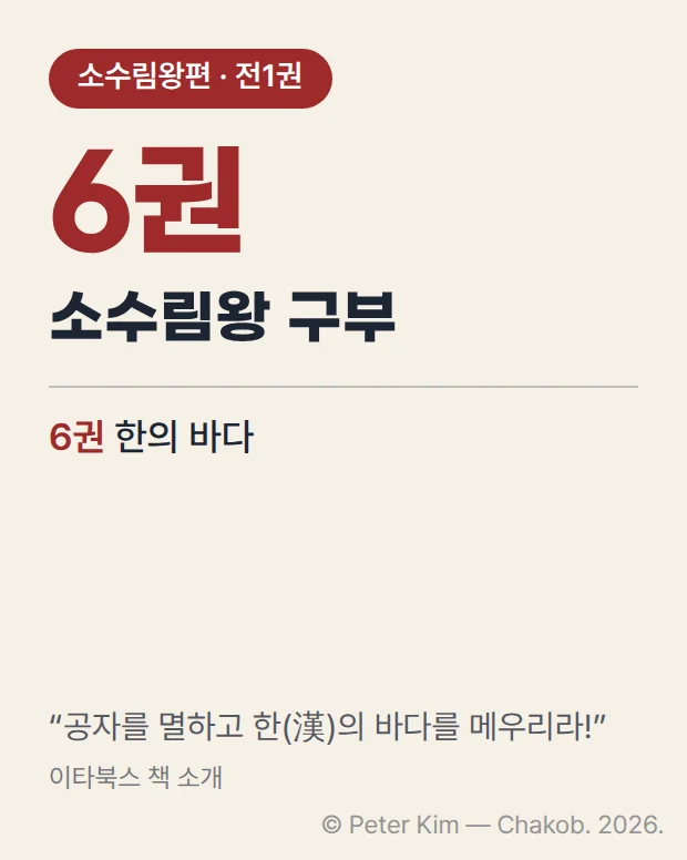 적갈색 배지 '소수림왕편 · 전1권' 아래 큰 글자 '6권'과 왕 이름 '소수림왕 구부', 권별 부제 '6권 한의 바다'가 세로로 적히고, 맨 아래에 이타북스 책 소개 문구 ‘공자를 멸하고 한(漢)의 바다를 메우리라!’가 인용된 카드.