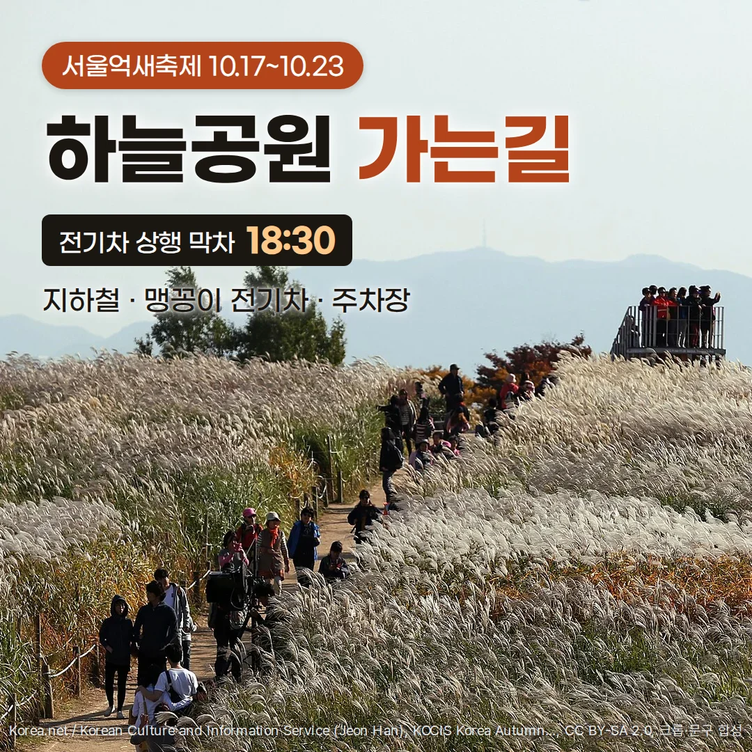 하늘공원 억새밭 사이 오르막길을 관람객들이 줄지어 걸어 오르고 위쪽에 전망대가 보이는 가을 낮 사진 위에 '서울억새축제 10.17~10.23', '하늘공원 가는길', '전기차 상행 막차 18:30', '지하철 · 맹꽁이 전기차 · 주차장' 문구가 들어간 커버