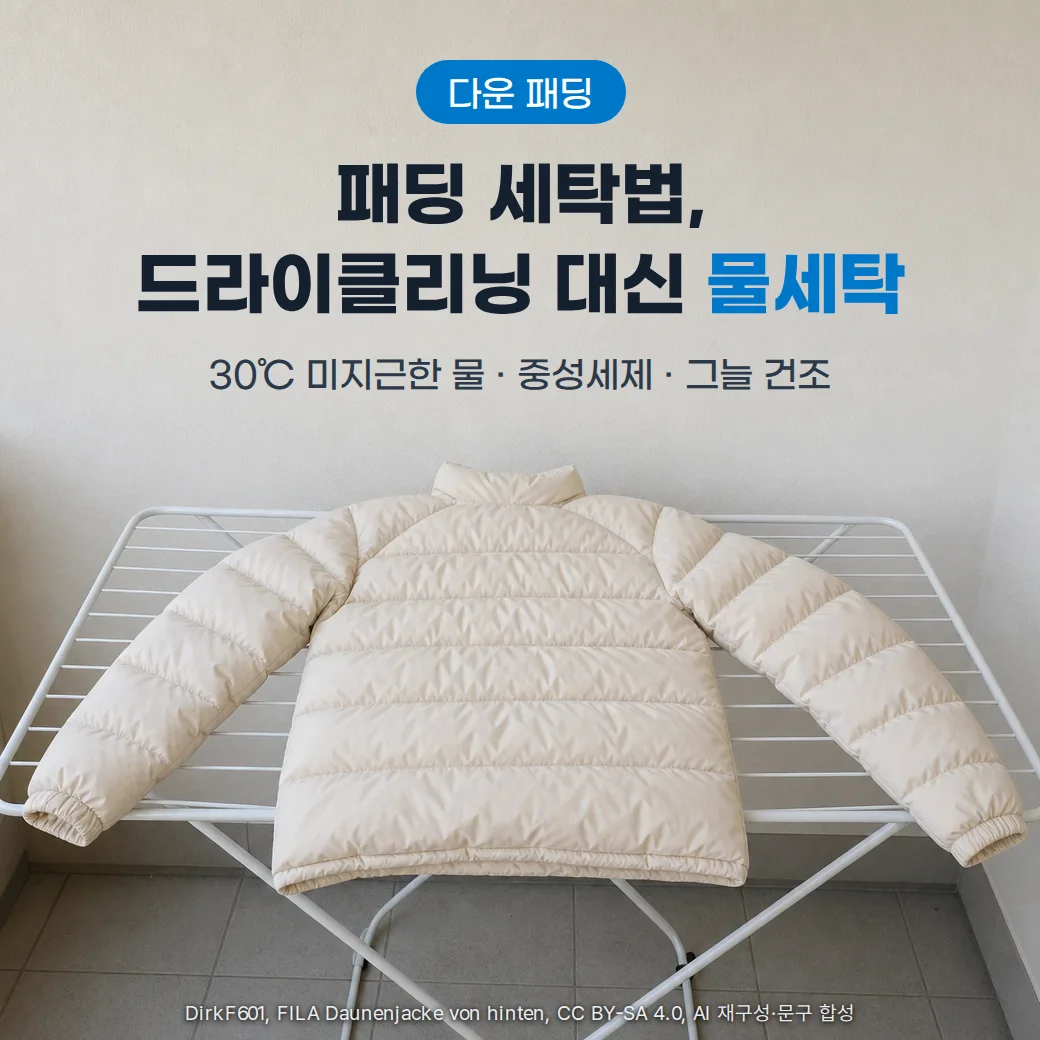 흰 건조대 위에 펼쳐 눕힌 크림색 다운 패딩 사진 위에 다운 패딩 배지, 패딩 세탁법, 드라이클리닝 대신 물세탁이라는 문구와 30℃ 미지근한 물·중성세제·그늘 건조를 합성한 커버