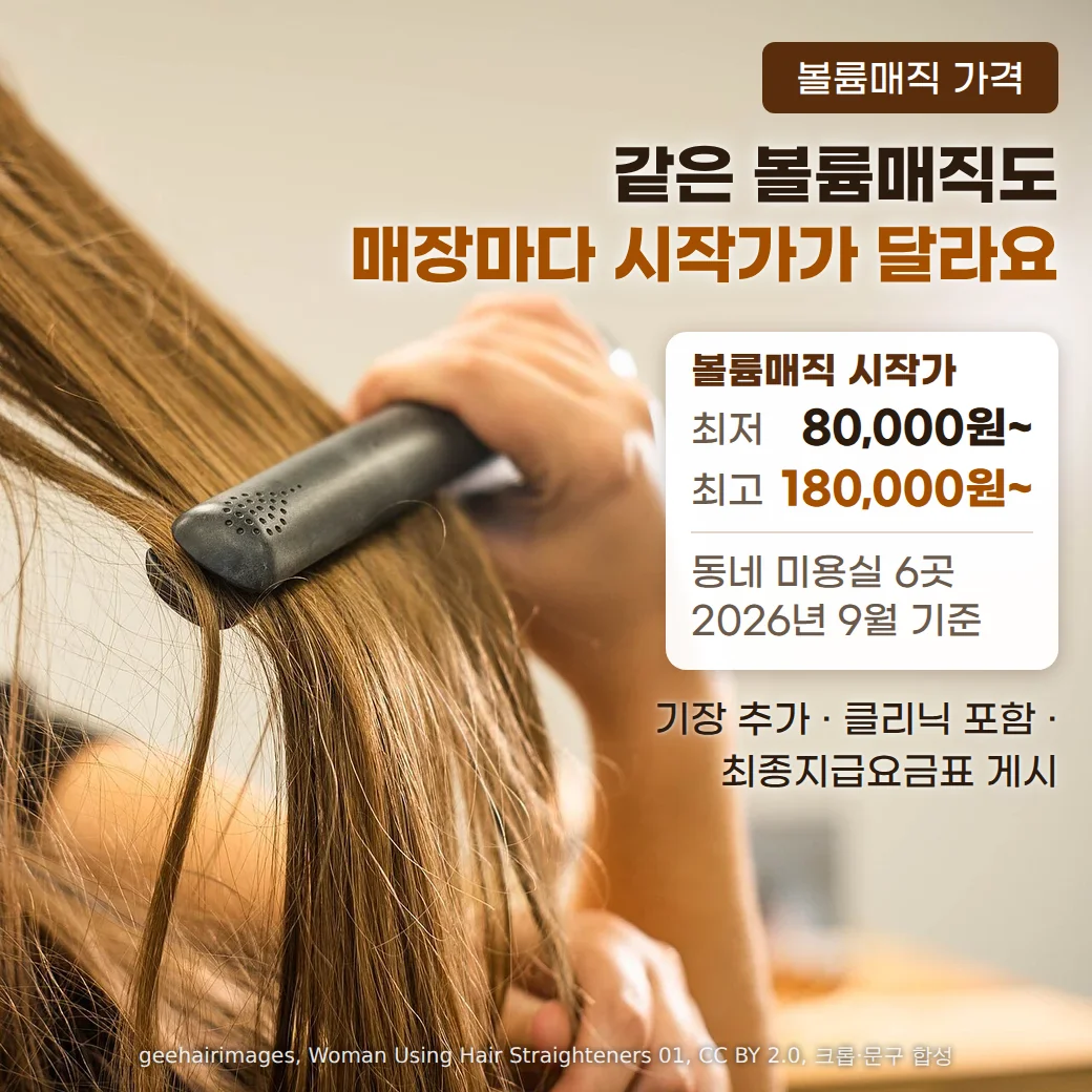 판 고데기로 긴 갈색 머리를 곧게 펴는 손을 가까이 찍은 사진 위에 '볼륨매직 가격' 배지, '같은 볼륨매직도 매장마다 시작가가 달라요' 제목, 동네 미용실 6곳의 2026년 9월 기준 볼륨매직 시작가 최저 80,000원~·최고 180,000원~ 카드, '기장 추가 · 클리닉 포함 · 최종지급요금표 게시' 안내가 있는 커버
