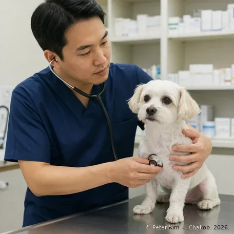 작은 동물병원 진료실에서 남색 진료복을 입은 수의사가 진료대 위의 작은 흰 강아지에게 청진기를 대고 진찰하는 장면