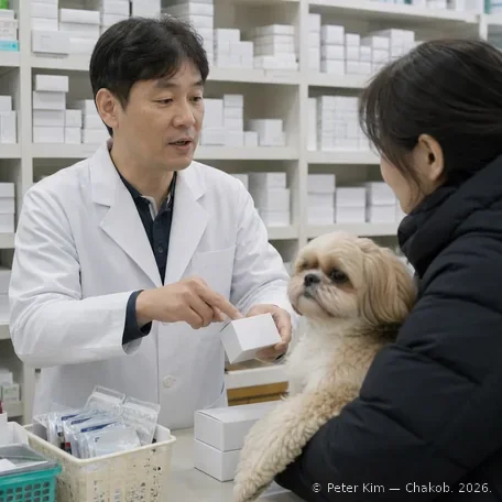 약국 계산대에서 흰 가운을 입은 약사가 작은 강아지를 안은 보호자에게 약 상자를 보여 주며 투약 방법을 설명하는 장면
