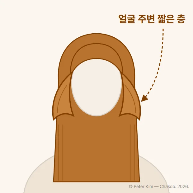 버터플라이 컷 도식. 얼굴 주변의 짧은 층이 나비 날개처럼 양옆으로 펼쳐져 광대와 턱선을 감쌉니다