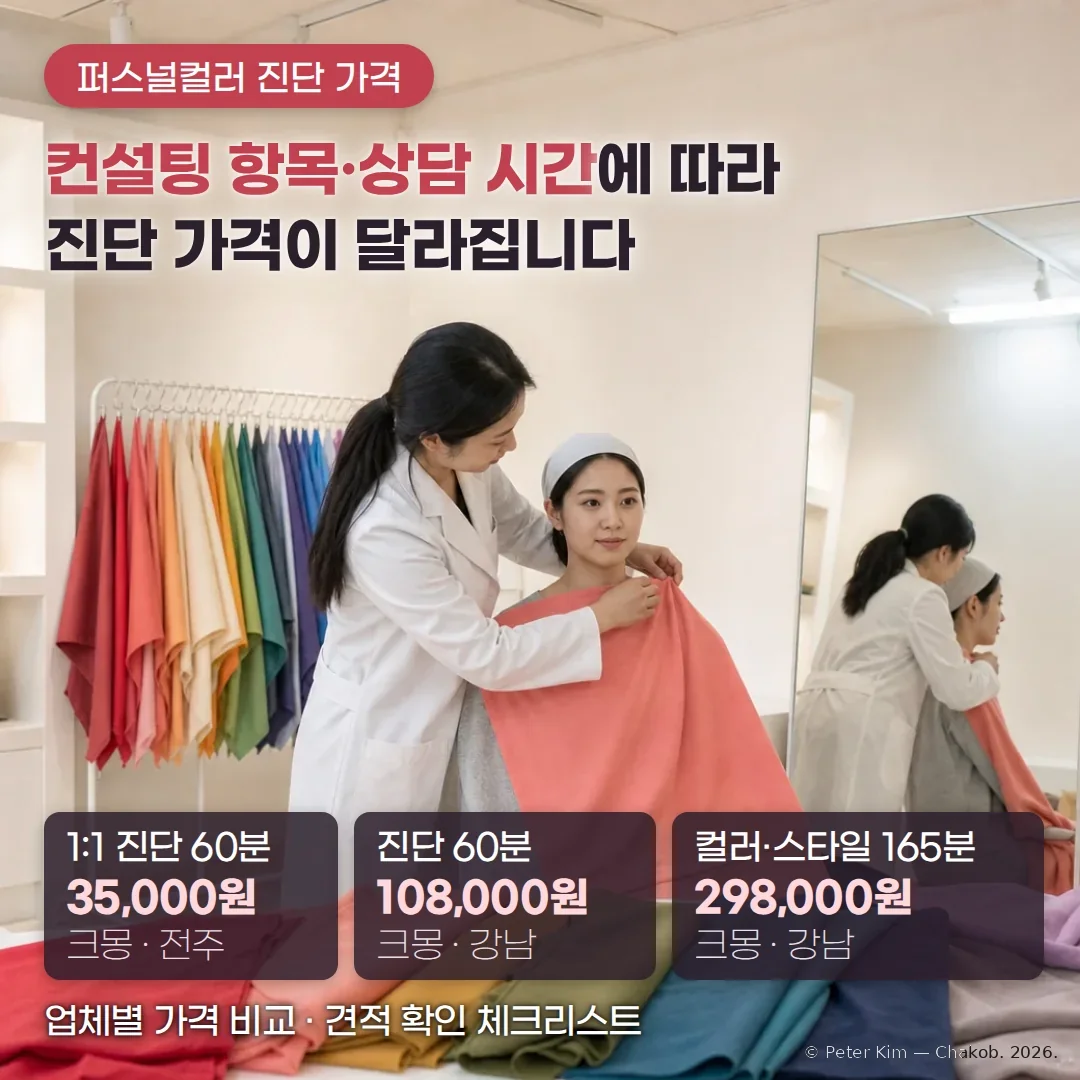 색 천이 걸린 행거와 거울이 있는 퍼스널컬러 진단 스튜디오에서 컨설턴트가 고객 어깨에 코랄 색 천을 대는 사진 위에 '퍼스널컬러 진단 가격' 배지와 '컨설팅 항목·상담 시간에 따라 진단 가격이 달라집니다' 제목, 크몽 등록 상품 가격 1:1 진단 60분 35,000원(전주)·진단 60분 108,000원(강남)·컬러·스타일 165분 298,000원(강남) 카드, '업체별 가격 비교 · 견적 확인 체크리스트' 문구가 있는 커버