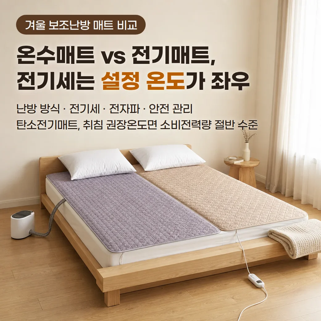 원목 침대 위 왼쪽에 보일러와 호스가 연결된 온수매트, 오른쪽에 온도조절기가 달린 전기매트가 나란히 깔린 침실 위에 겨울 보조난방 매트 비교, 온수매트 vs 전기매트, 전기세는 설정 온도가 좌우, 난방 방식 · 전기세 · 전자파 · 안전 관리, 탄소전기매트, 취침 권장온도면 소비전력량 절반 수준