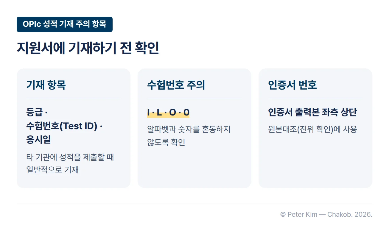 OPIc 성적 기재 때 확인할 세 가지 카드. 기재 항목: 타 기관에 성적을 제출할 때 일반적으로 등급, 수험번호(Test ID), 응시일을 기재. 수험번호 주의: 알파벳과 숫자 I, L, O, 0을 혼동하지 않도록 확인. 인증서 번호: 원본대조(진위 확인)에 사용하는 인증서 번호는 인증서 출력본 좌측 상단에 있음