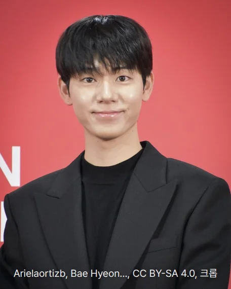 제31회 부산국제영화제 실낙원 기자회견 포토월에 선 배현성. 붉은 배경 앞에서 검은 재킷과 검은 니트 차림으로 정면을 보며 옅게 웃고 있습니다