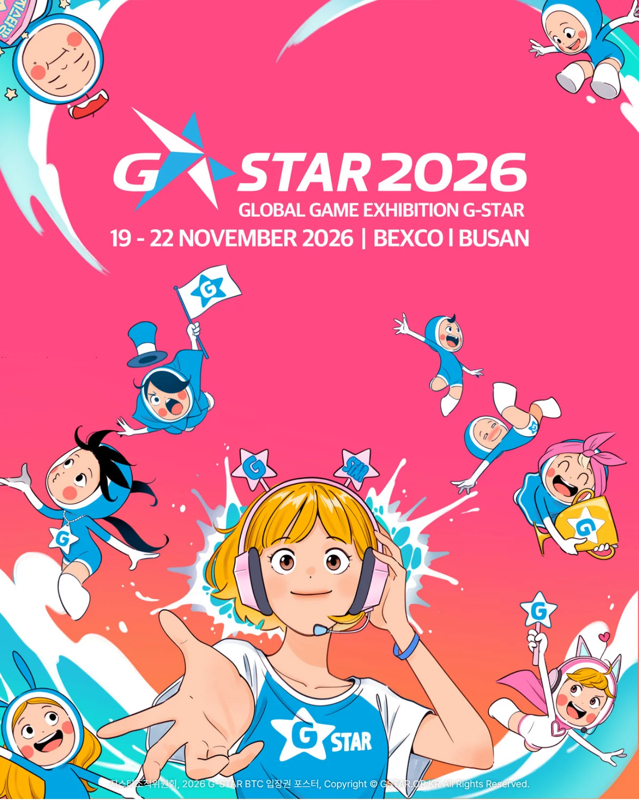 분홍 바탕 위쪽에 'G-STAR 2026', 'GLOBAL GAME EXHIBITION G-STAR', '19 - 22 NOVEMBER 2026 | BEXCO | BUSAN' 글자가 있고, 아래쪽에 헤드셋을 착용하고 'G STAR' 티셔츠를 입은 인물이 손을 내밀며, 그 둘레로 파란 옷을 입은 작은 캐릭터들이 날아다니는 지스타 2026 공식 포스터