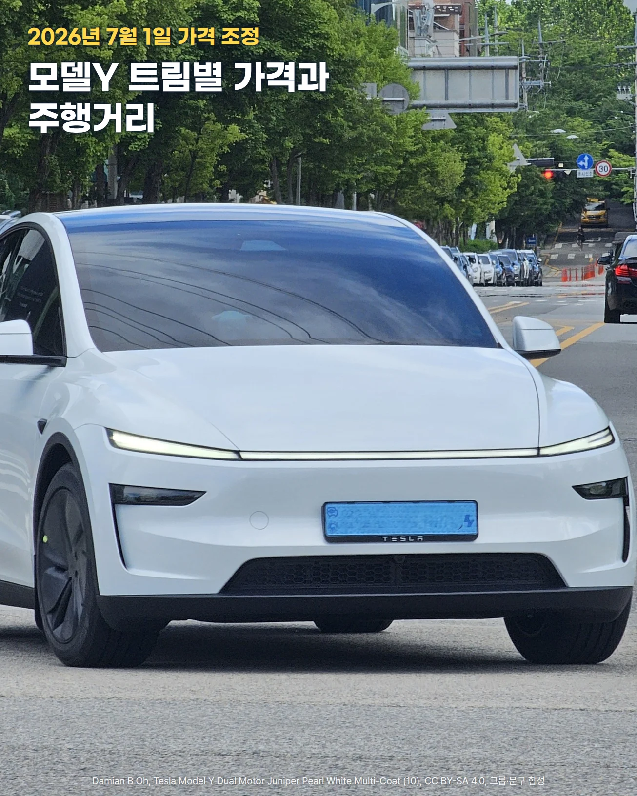 가로수가 늘어선 도로에서 흰색 테슬라 모델Y가 정면으로 다가오는 사진입니다. 가로로 이어진 전면 라이트 바와 두 앞바퀴가 보이고, 위쪽 초록 가로수 위에 2026년 7월 1일 가격 조정, 모델Y 트림별 가격과 주행거리라는 문구가 있습니다.