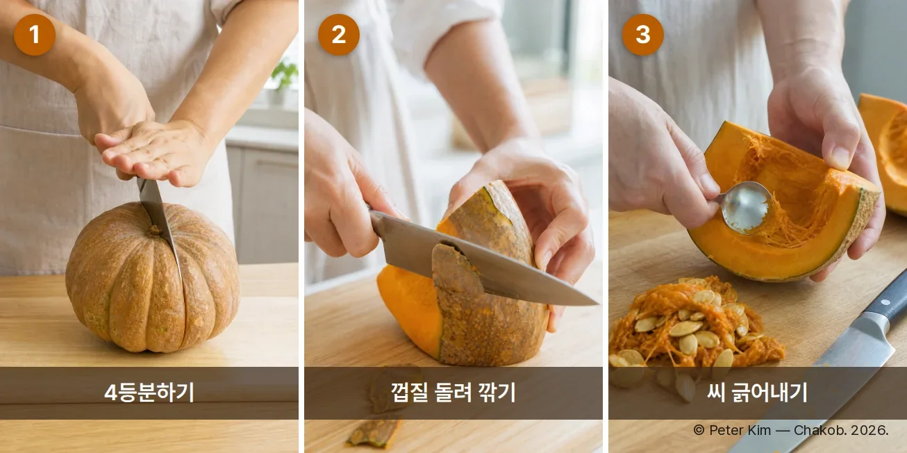늙은호박 손질 순서 사진 3컷. 첫째 컷은 칼끝을 호박 윗면에 넣고 칼등을 손바닥으로 눌러 4등분하는 모습, 둘째 컷은 4등분한 호박의 껍질을 칼로 어슷 썰듯 쳐내며 돌려 깎는 모습, 셋째 컷은 손으로 씨를 걷어낸 뒤 숟가락으로 남은 씨를 긁어내는 모습입니다