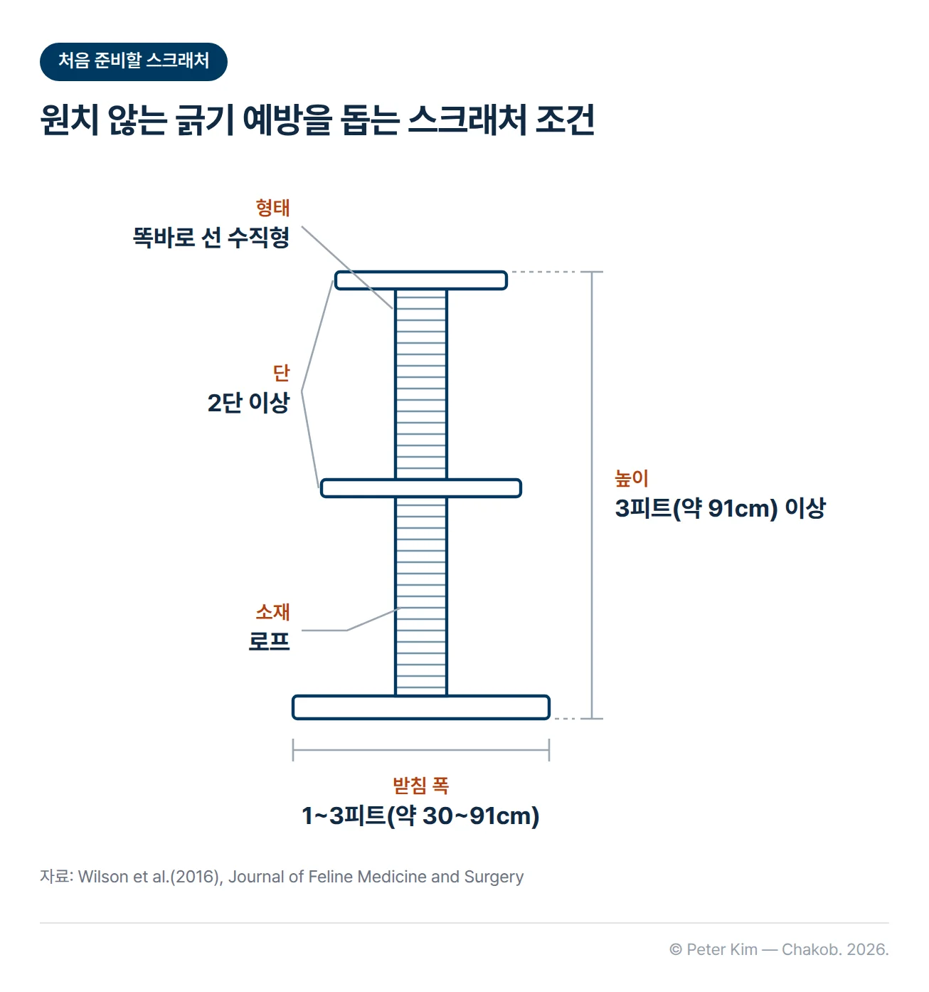 원치 않는 긁기를 예방하기 위해 처음 선택할 스크래처의 조건 5가지를 2단 기둥 그림 둘레에 표시한 이미지입니다. 소재는 로프, 형태는 똑바로 선 수직형, 높이는 3피트(약 91cm) 이상, 단은 2단 이상, 받침 폭은 1~3피트(약 30~91cm)입니다.