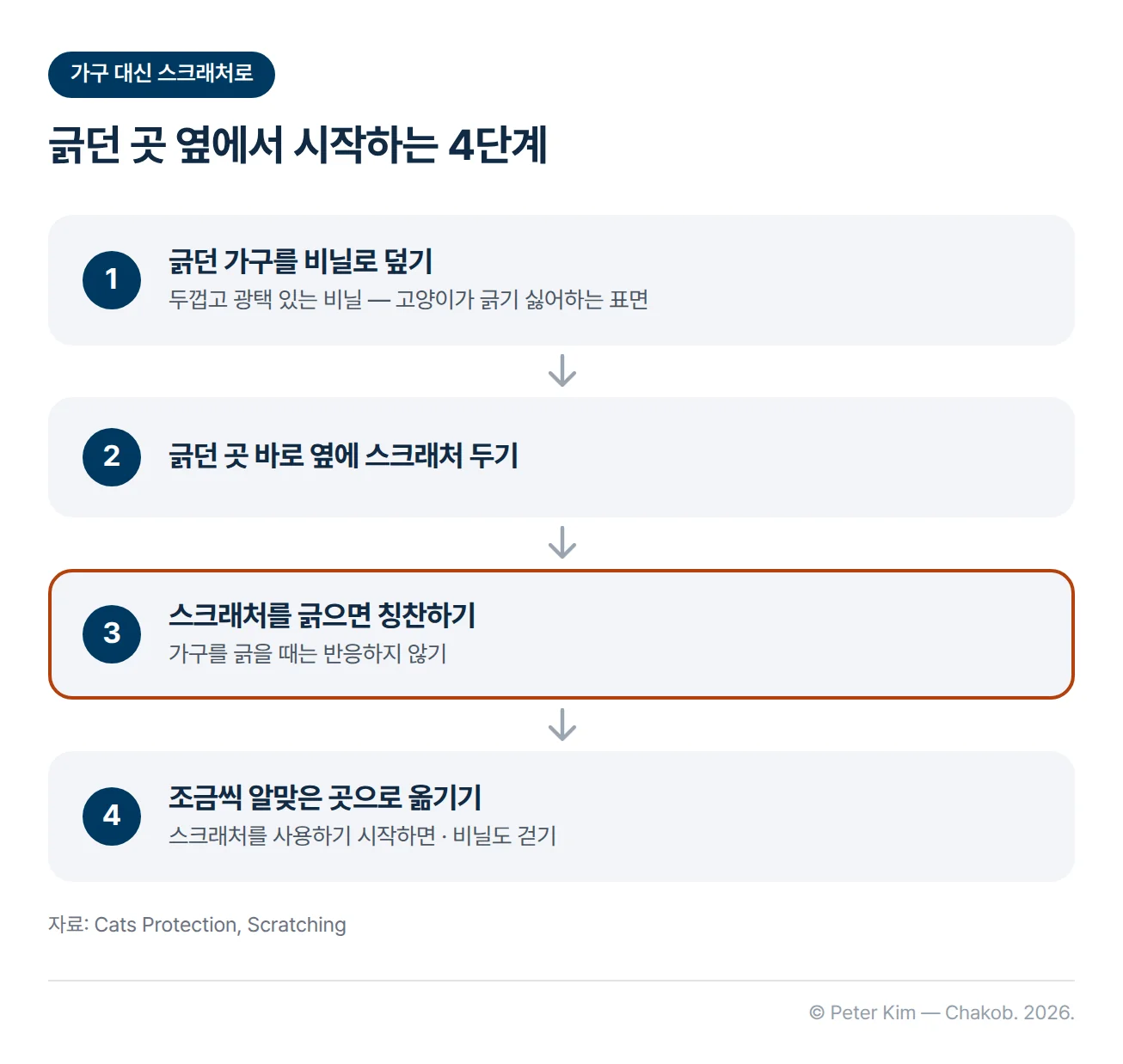 가구 대신 스크래처를 긁게 하는 4단계 흐름도입니다. 1단계 두껍고 광택 있는 비닐로 긁던 가구를 덮어 긁기 싫은 표면으로 만들고, 2단계 긁던 곳 바로 옆에 스크래처를 두고, 3단계 스크래처를 긁으면 칭찬하고 가구를 긁을 때는 반응하지 않으며, 4단계 스크래처를 사용하기 시작하면 조금씩 알맞은 곳으로 옮기고 비닐을 걷습니다.