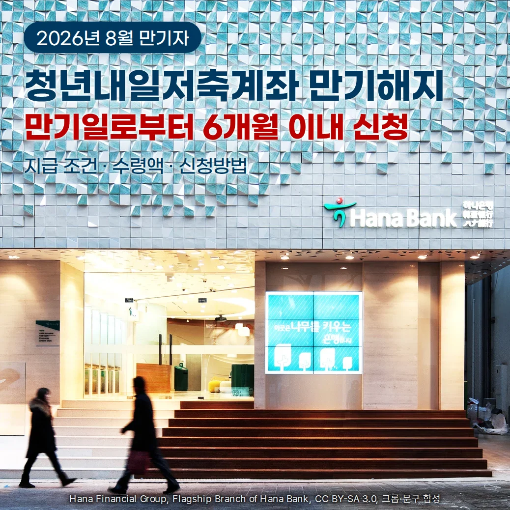 외벽이 청록·흰색 타일로 덮인 하나은행 영업점 정면 사진. 'Hana Bank' 간판 아래 밝은 출입구와 계단 앞을 두 사람이 지나가고, 위쪽 타일 벽에 2026년 8월 만기자 badge, 청년내일저축계좌 만기해지, 만기일로부터 6개월 이내 신청, 지급 조건 · 수령액 · 신청방법 문구를 넣은 대표 이미지