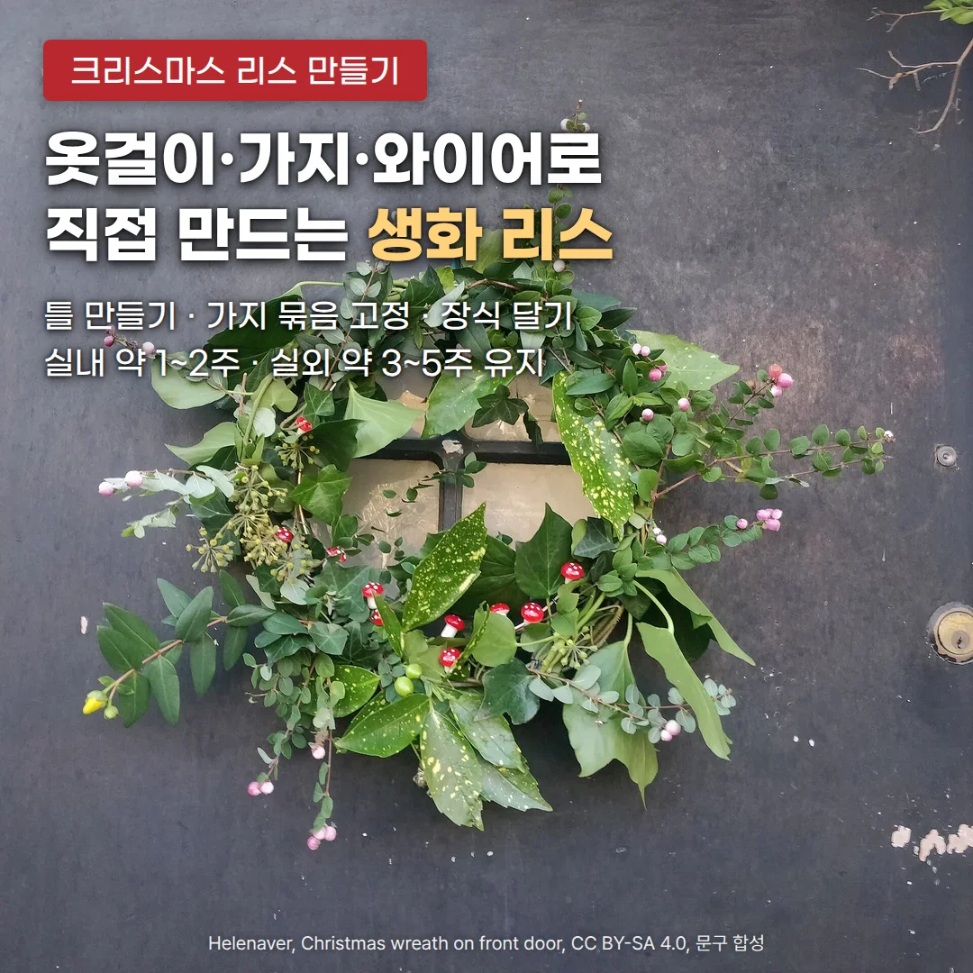 짙은 회색 현관문에 건, 아이비·잎가지·분홍 열매·빨간 버섯 장식으로 엮은 생화 리스 사진 위에 '크리스마스 리스 만들기' 배지, '옷걸이·가지·와이어로 직접 만드는 생화 리스' 제목, '틀 만들기 · 가지 묶음 고정 · 장식 달기', '실내 약 1~2주 · 실외 약 3~5주 유지' 문구
