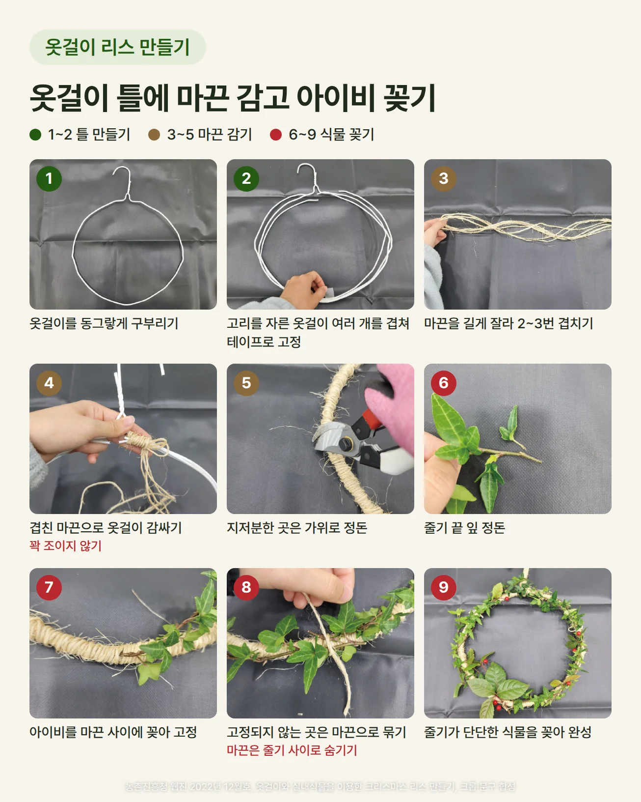 옷걸이 리스를 만드는 9단계 사진. 1 흰 옷걸이를 동그랗게 구부림, 2 고리를 자른 옷걸이 여러 개를 겹쳐 테이프로 고정, 3 마끈을 길게 잘라 2~3번 겹침, 4 겹친 마끈으로 옷걸이를 감싸되 꽉 조이지 않음, 5 지저분한 곳을 가위로 잘라 정돈, 6 아이비 줄기 끝 잎을 정돈, 7 아이비를 마끈 사이에 꽂아 틀에 고정, 8 고정되지 않는 중간 부분을 마끈으로 묶고 마끈은 줄기 사이로 숨김, 9 줄기가 단단한 식물을 원하는 디자인대로 꽂아 완성. 1~2는 틀 만들기, 3~5는 마끈 감기, 6~9는 식물 꽂기 단계입니다