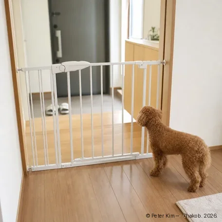펜션 객실 현관과 거실 사이에 흰색 금속 살로 된 낮은 반려동물 전용 안전문이 닫혀 있고, 그 안쪽 거실 바닥에서 갈색 소형견이 안전문 너머를 바라보는 사진입니다.
