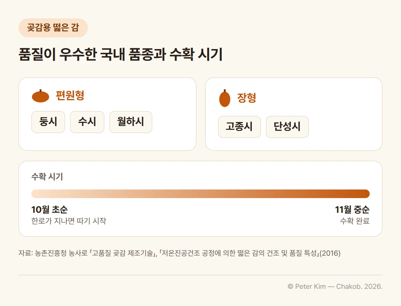 곶감용 감 품종과 수확 시기 정보 카드. 편원형 품종 둥시·수시·월하시와 장형 품종 고종시·단성시가 두 상자로 구분되어 있고, 아래 띠에 10월 초순 한로가 지나면 따기 시작해 11월 중순이면 수확을 마친다는 수확 시기가 표시됨
