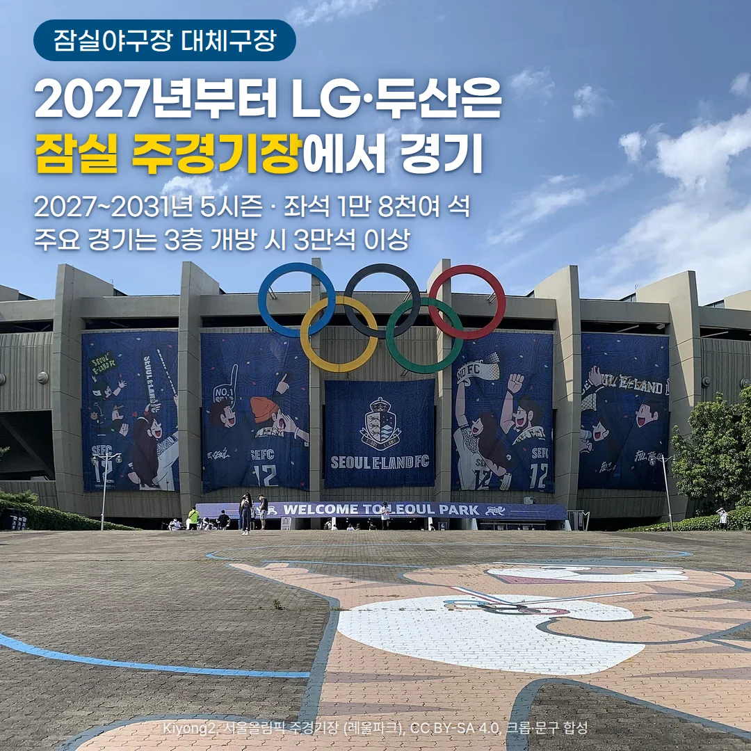파란 하늘 아래 오륜 마크가 걸린 잠실 올림픽주경기장 정면 외관 위에 '잠실야구장 대체구장', '2027년부터 LG·두산은 잠실 주경기장에서 경기', '2027~2031년 5시즌 · 좌석 1만 8천여 석', '주요 경기는 3층 개방 시 3만석 이상'이라는 문구가 놓인 커버