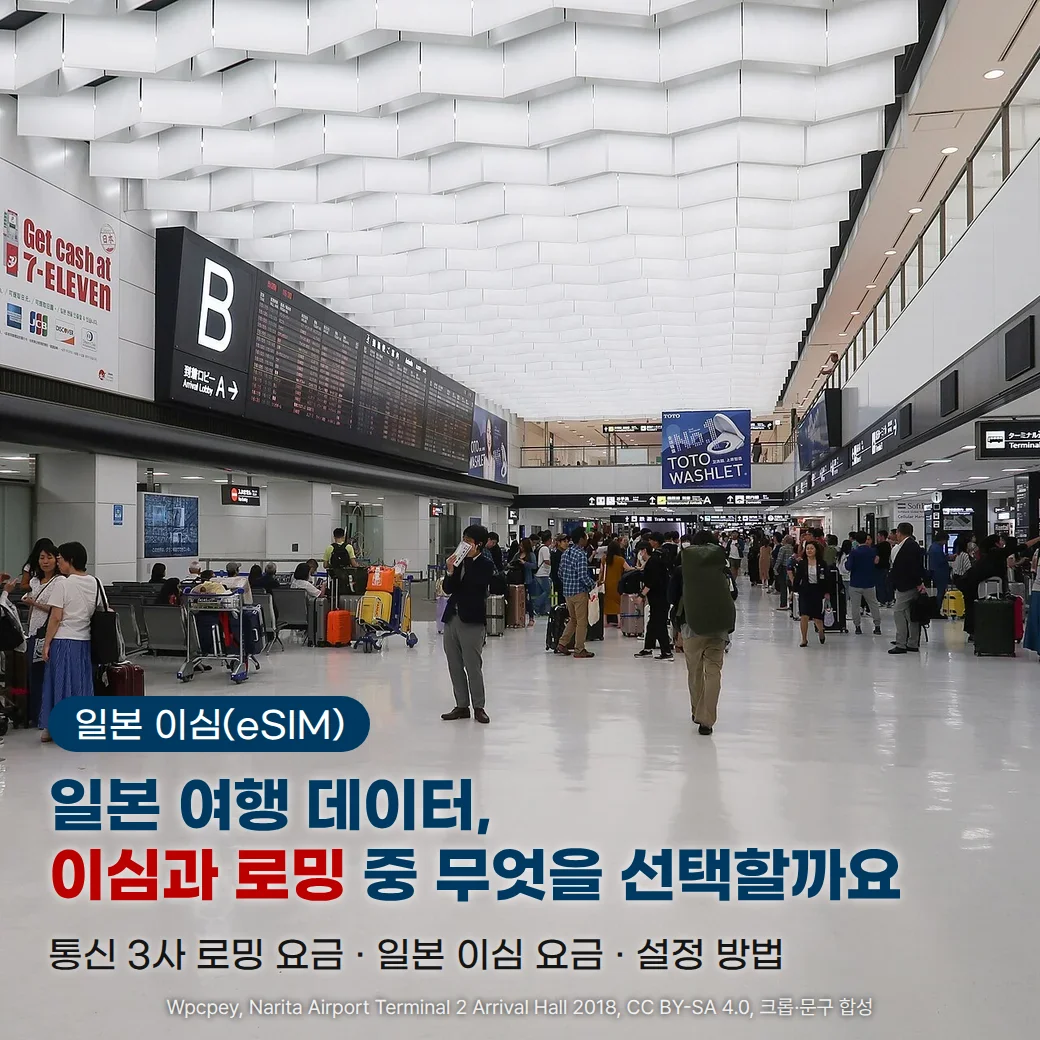 나리타공항 제2터미널 도착 홀에서 여행객들이 캐리어를 끌고 걸어가고 한 여행객이 전화를 하고 있는 사진 위에 '일본 이심(eSIM)' 배지와 '일본 여행 데이터, 이심과 로밍 중 무엇을 선택할까요' 제목, '통신 3사 로밍 요금 · 일본 이심 요금 · 설정 방법' 문구가 놓인 커버