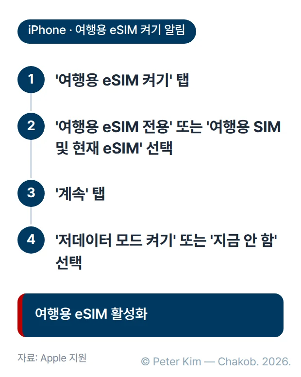 iPhone에서 여행용 eSIM을 켜는 4단계입니다. '여행용 eSIM 켜기'를 탭하고, '여행용 eSIM 전용'과 '여행용 SIM 및 현재 eSIM' 중 하나를 선택한 뒤 '계속'을 탭합니다. '저데이터 모드 켜기'와 '지금 안 함' 중 하나를 선택하면 여행용 eSIM이 활성화됩니다.
