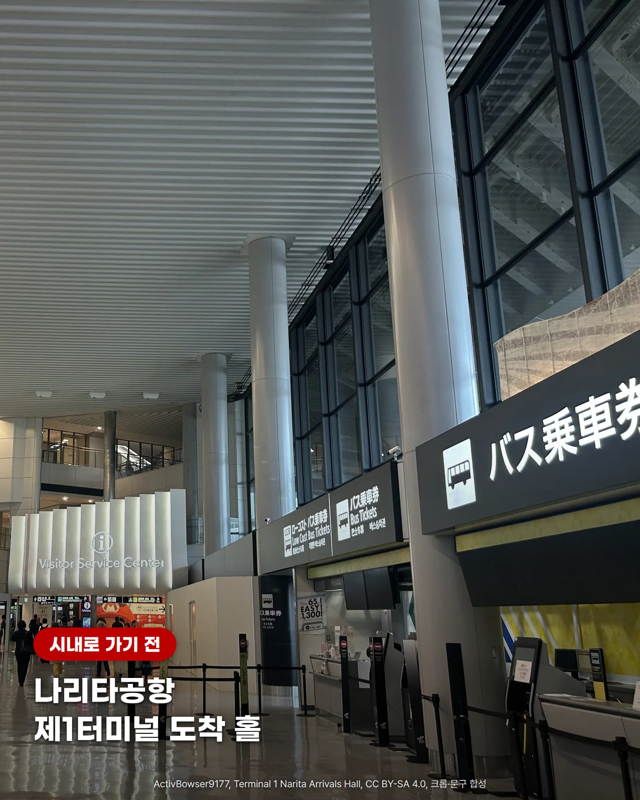 나리타공항 제1터미널 도착 홀. 높은 줄무늬 천장과 흰 기둥 아래 가운데에 'Visitor Service Center' 안내 데스크가 있고, 오른쪽에 'バス乗車券' 버스 승차권 판매대가 이어집니다. 멀리 여행객들이 홀을 걸어갑니다. 왼쪽 아래에 '시내로 가기 전' 라벨과 '나리타공항 제1터미널 도착 홀' 글자가 있습니다