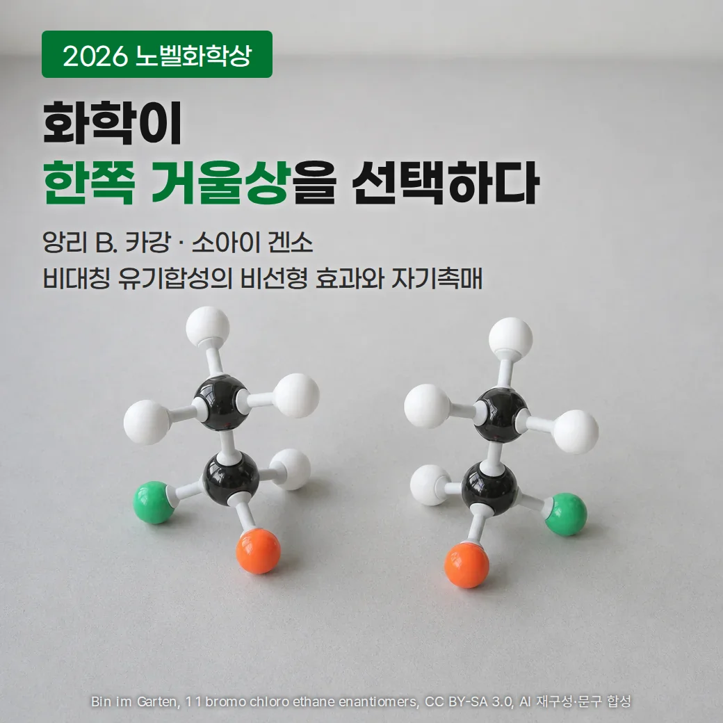 밝은 회색 실험대 위에 검은 탄소, 흰 수소, 초록 염소, 주황 브로민 공으로 만든 분자 모형 두 개가 서로 거울상으로 서 있고, 위쪽에 '2026 노벨화학상' 배지와 '화학이 한쪽 거울상을 선택하다' 제목, '앙리 B. 카강 · 소아이 겐소', '비대칭 유기합성의 비선형 효과와 자기촉매' 문구가 있는 커버