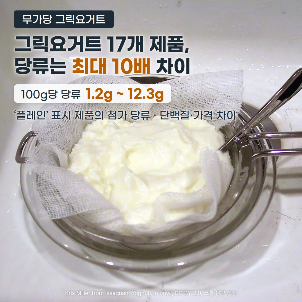 개수대 안 유리 그릇 위 체에 면포를 깔고 꾸덕한 플레인 요거트의 수분을 걸러 내는 사진 위에, '무가당 그릭요거트' 배지와 '그릭요거트 17개 제품, 당류는 최대 10배 차이' 제목, '100g당 당류 1.2g ~ 12.3g' 수치, '‘플레인’ 표시 제품의 첨가 당류 · 단백질·가격 차이' 문구가 있는 커버