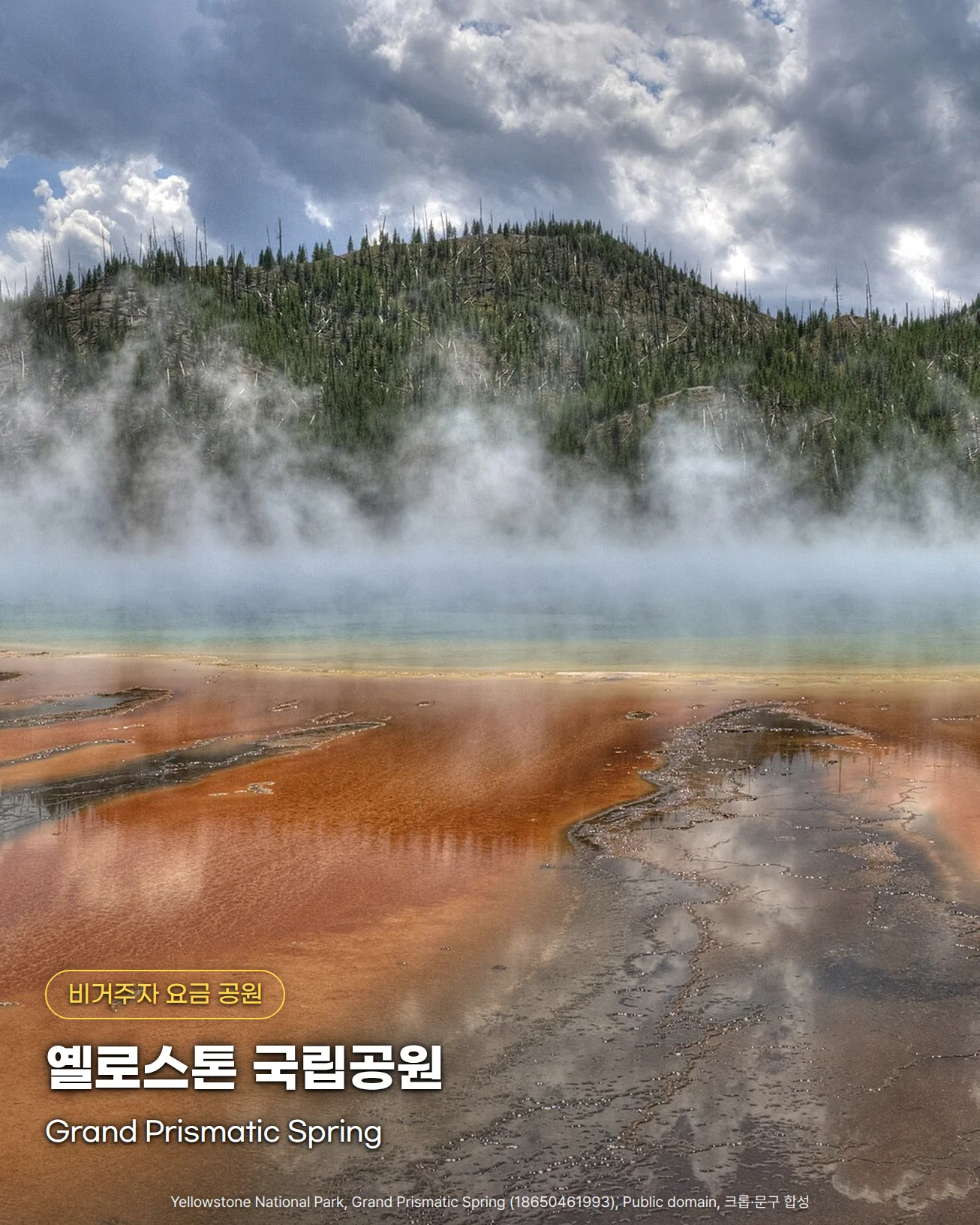 옐로스톤 Grand Prismatic Spring의 김이 오르는 푸른 열수 연못과 앞쪽 주황색 미생물 띠, 뒤편 숲 언덕 사진 위에 '비거주자 요금 공원' 배지, '옐로스톤 국립공원' 제목, 'Grand Prismatic Spring' 부제가 있는 이미지