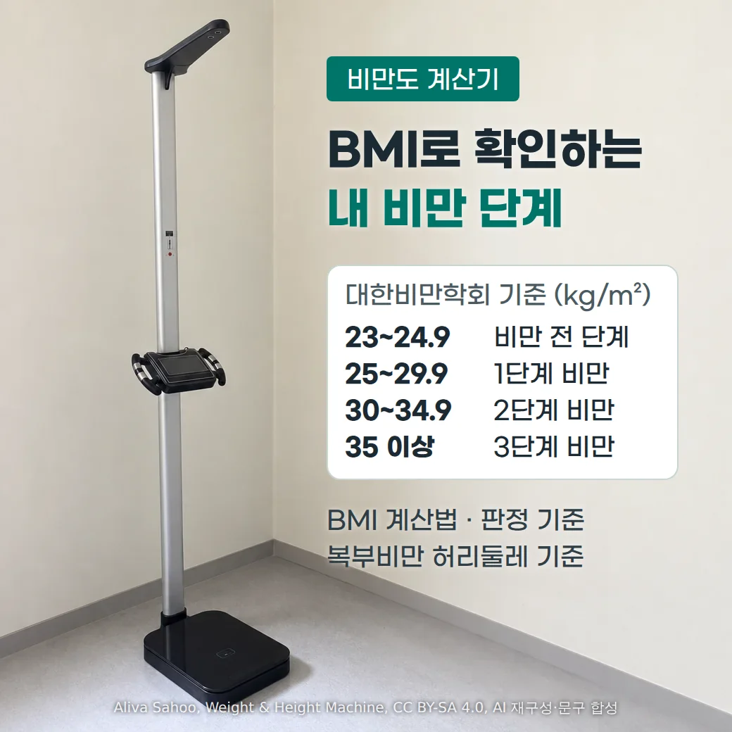 밝은 벽의 신체계측실 왼쪽에 머리 센서와 계측기가 달린 신장체중계가 서 있고, 오른쪽에 '비만도 계산기' 배지, 'BMI로 확인하는 내 비만 단계' 제목, 대한비만학회 기준 BMI 23~24.9 비만 전 단계, 25~29.9 1단계 비만, 30~34.9 2단계 비만, 35 이상 3단계 비만 표, 'BMI 계산법 · 판정 기준, 복부비만 허리둘레 기준' 문구가 있습니다