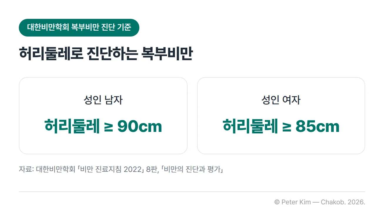 대한비만학회 복부비만 진단 기준 카드. 허리둘레가 성인 남자는 90cm 이상, 성인 여자는 85cm 이상이면 복부비만으로 진단합니다.