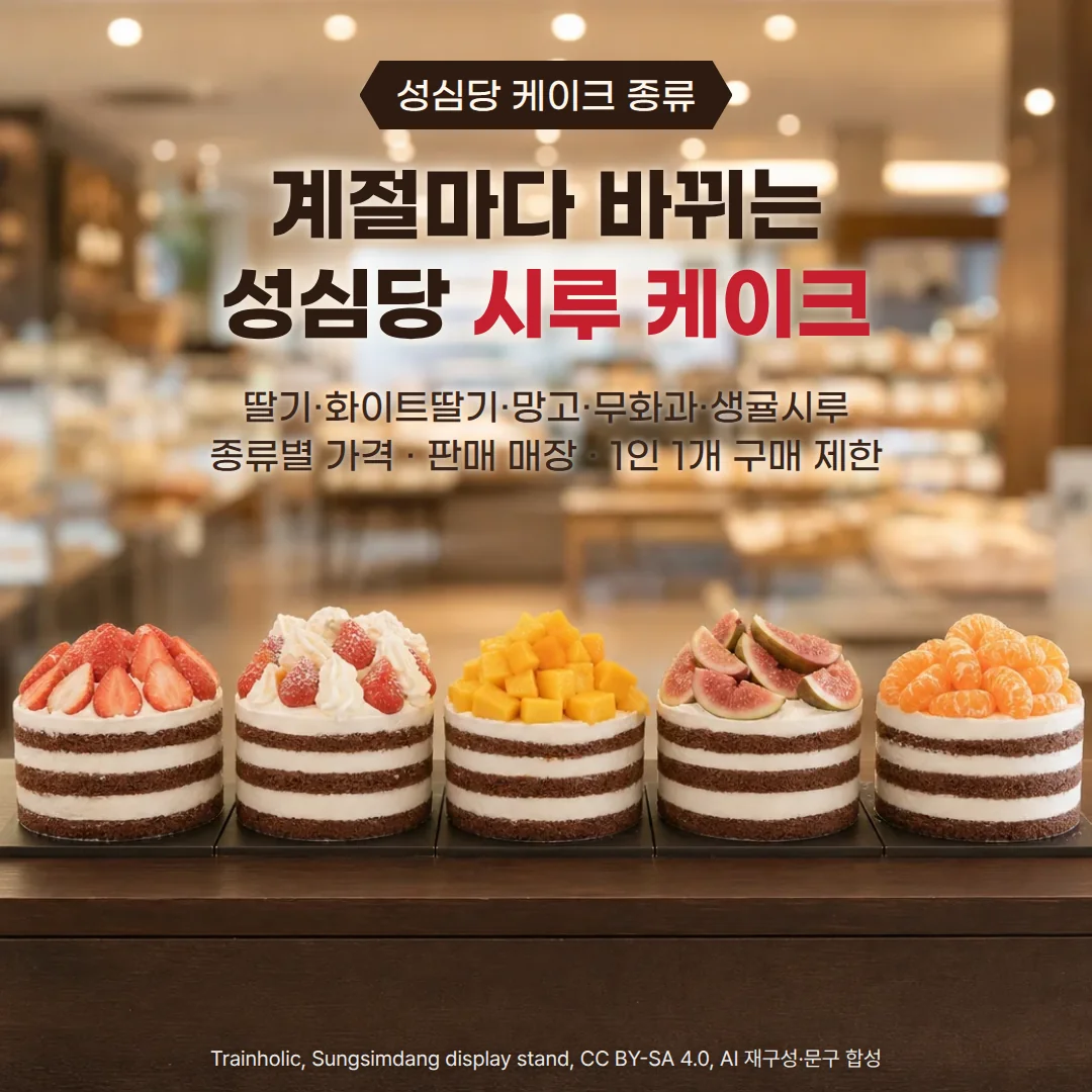 성심당 매장 진열대에 딸기, 화이트딸기, 망고, 무화과, 생귤을 얹은 시루 케이크 다섯 개가 한 줄로 놓인 장면 위에 '성심당 케이크 종류' 배지와 '계절마다 바뀌는 성심당 시루 케이크' 제목, '딸기·화이트딸기·망고·무화과·생귤시루, 종류별 가격 · 판매 매장 · 1인 1개 구매 제한' 안내가 있는 커버
