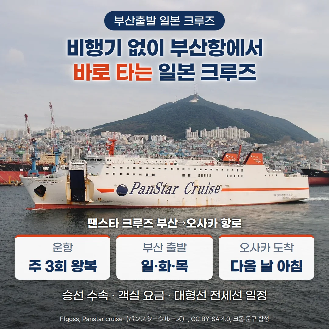 부산항 앞바다를 지나는 흰색 팬스타 크루즈 페리와 뒤편의 산과 시가지 위로 '부산출발 일본 크루즈' 배지, '비행기 없이 부산항에서 바로 타는 일본 크루즈' 제목, 팬스타 크루즈 부산→오사카 항로의 운항 주 3회 왕복·부산 출발 일·화·목·오사카 도착 다음 날 아침 카드, '승선 수속 · 객실 요금 · 대형선 전세선 일정' 문구를 얹은 커버